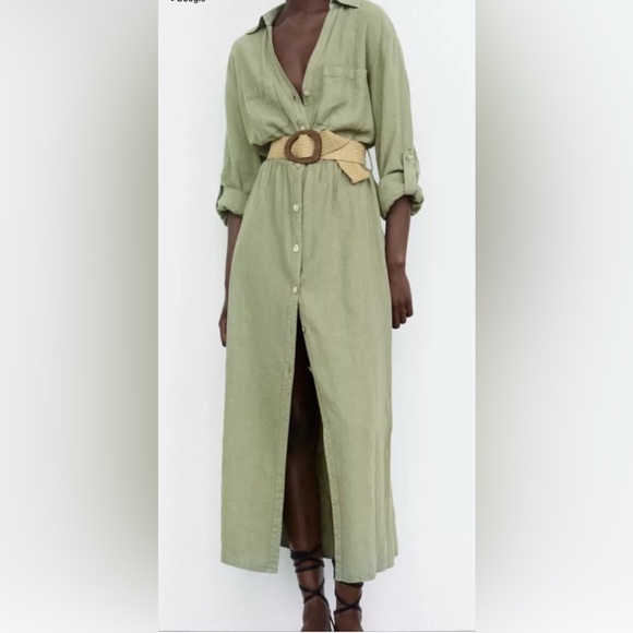 Dresses & Skirts - BELTED LINEN SHIRTDRESS with Slit for Casual Wear Size S